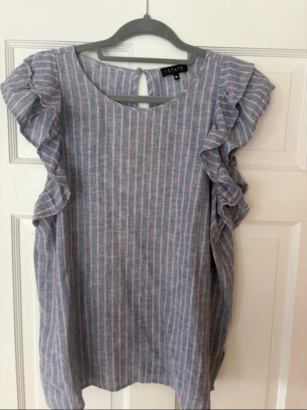 1. State Blue and Pink Striped Ruffle Sleeve Top
